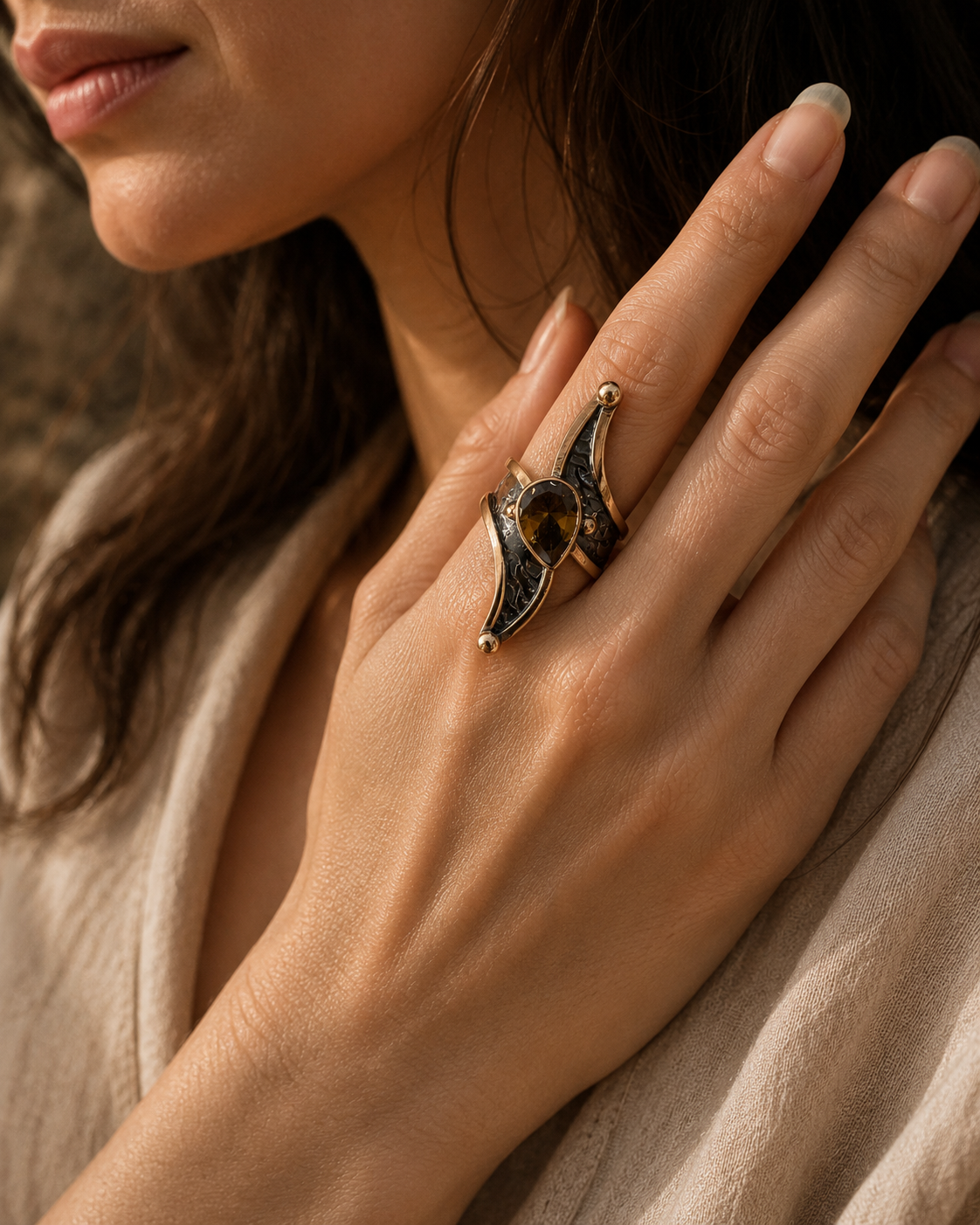 Elongated 925 Sterling Silver Ring with Drop Zultanite Stone — sterling-silver-zultanit-ring-woman-hand