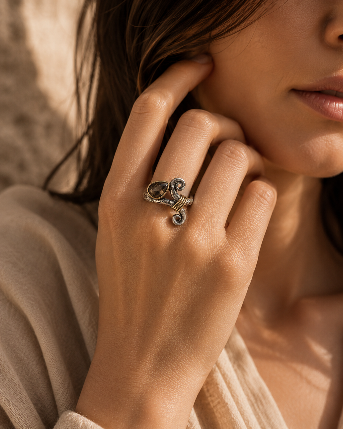 Spiral Form 925 Sterling Silver Ring with Zultanite and Bronze Wrap Detail — sterling-silver-zultanite-ring-woman-hand