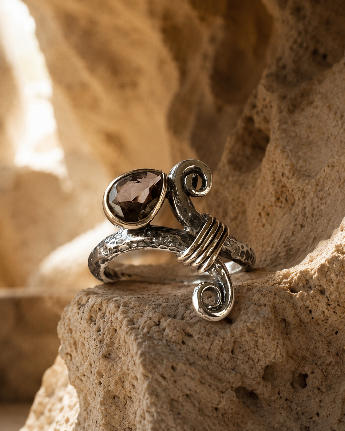 Spiral Form 925 Sterling Silver Ring with Zultanite and Bronze Wrap Detail — sterling-silver-zultanite-ring
