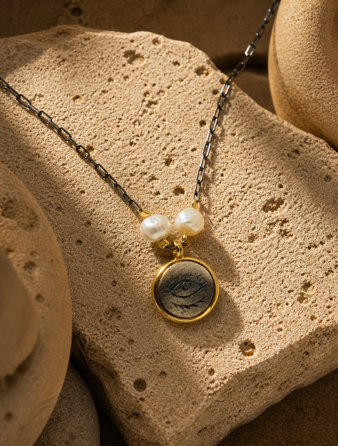 Pearl Detailed Silver Eye Pendant Necklace — sterling-silver-gold-plated-necklace-6