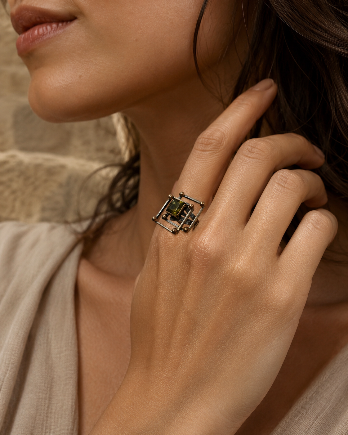 925 Sterling Silver Ring with Zultanite Stone and Bronze Details — sterling-silver-zultanite-ring-women-hand