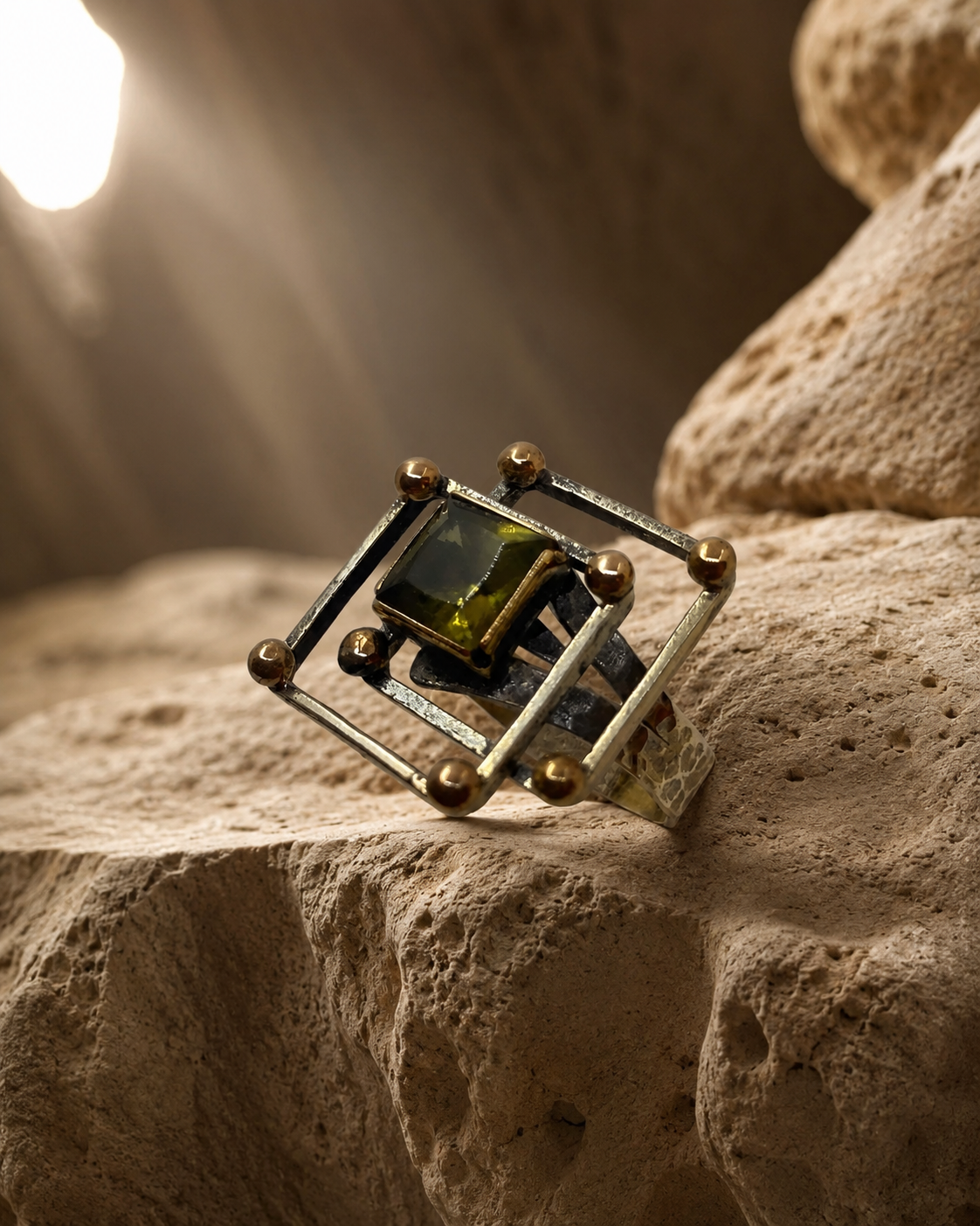 925 sterling silver ring with rectangular zultanite stone and bronze corner details on natural stone surface