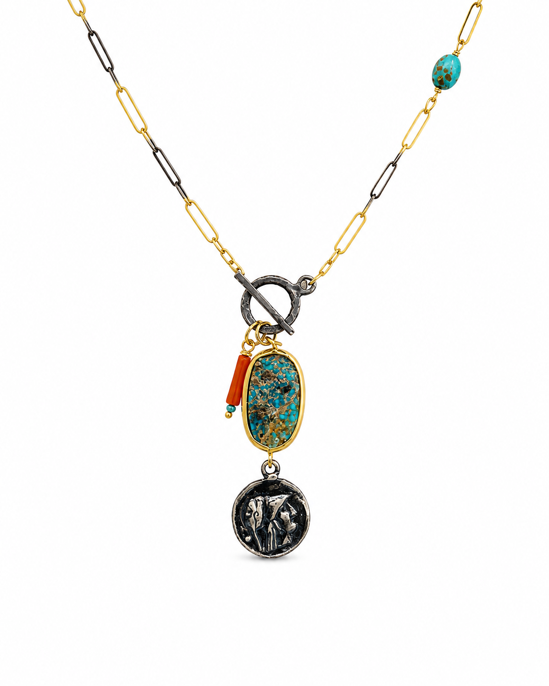 Antique Turquoise Stone Necklace with Coin Motif Pendant — sterling-silver-gold-plated-necklace-2