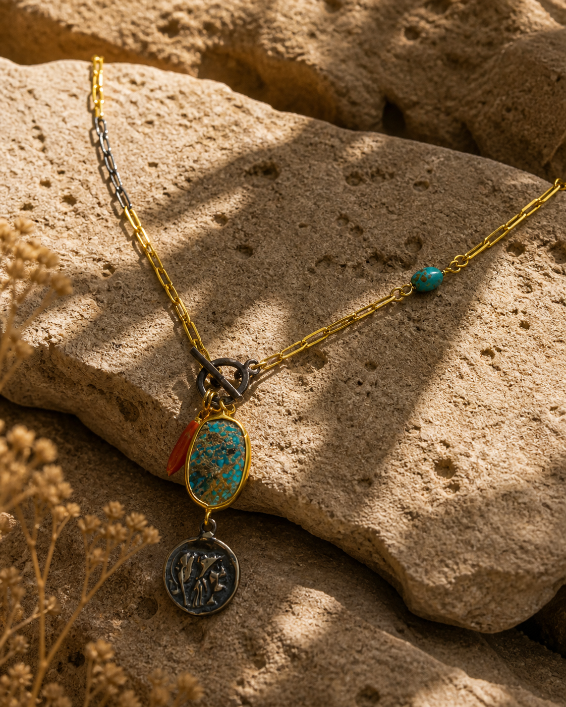 Antique Turquoise Stone Necklace with Coin Motif Pendant — sterling-silver-gold-plated-necklace-4