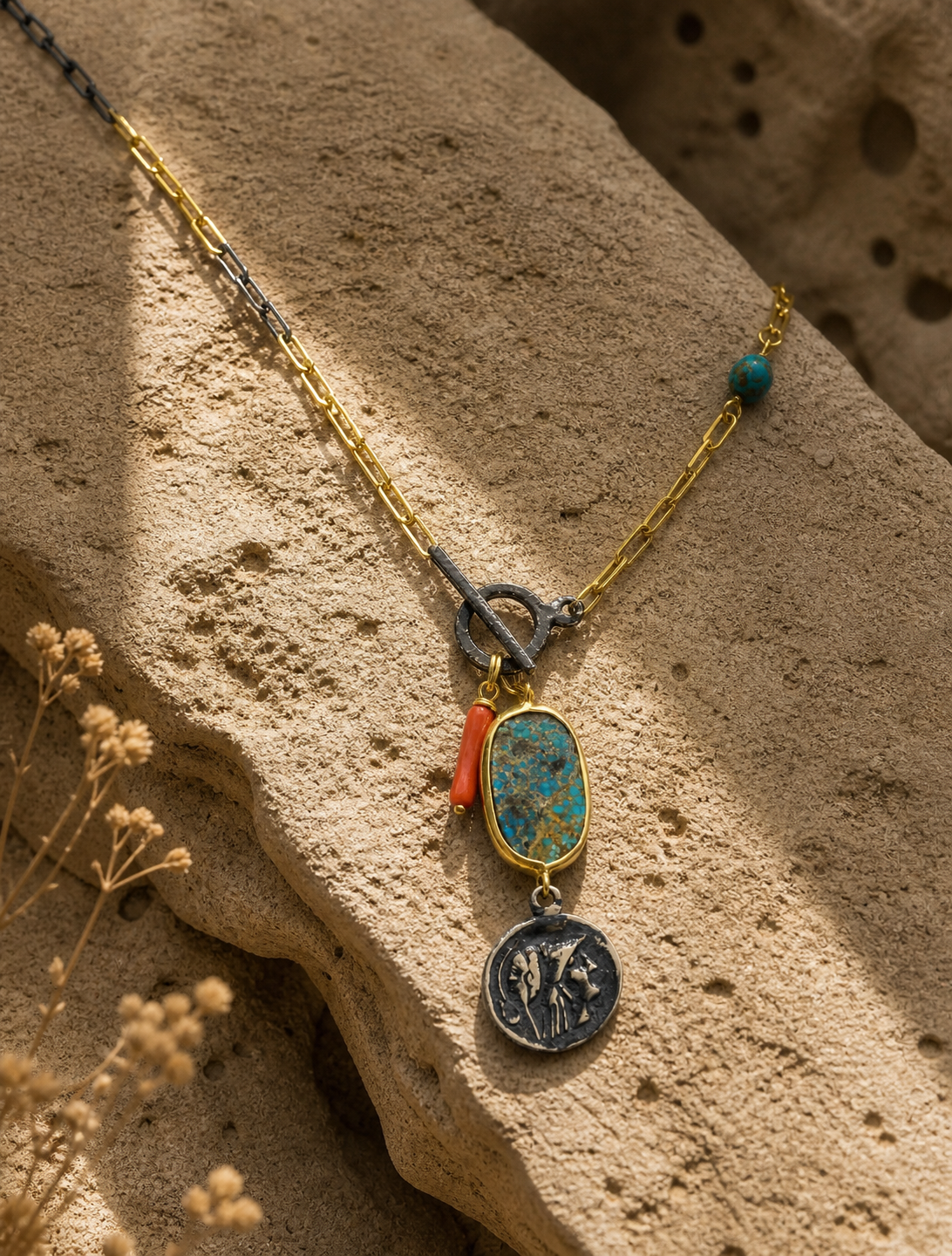 Antique Turquoise Stone Necklace with Coin Motif Pendant — sterling-silver-gold-plated-necklace-5