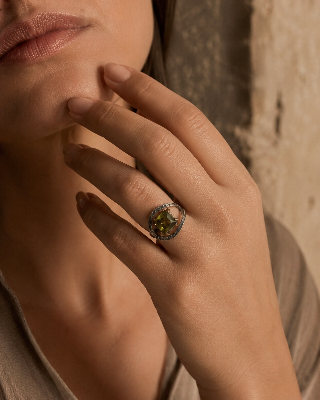 Open Frame 925 Sterling Silver Ring with Square Zultanite Stone — sterling-silver-zultanit-ring-woman-hand
