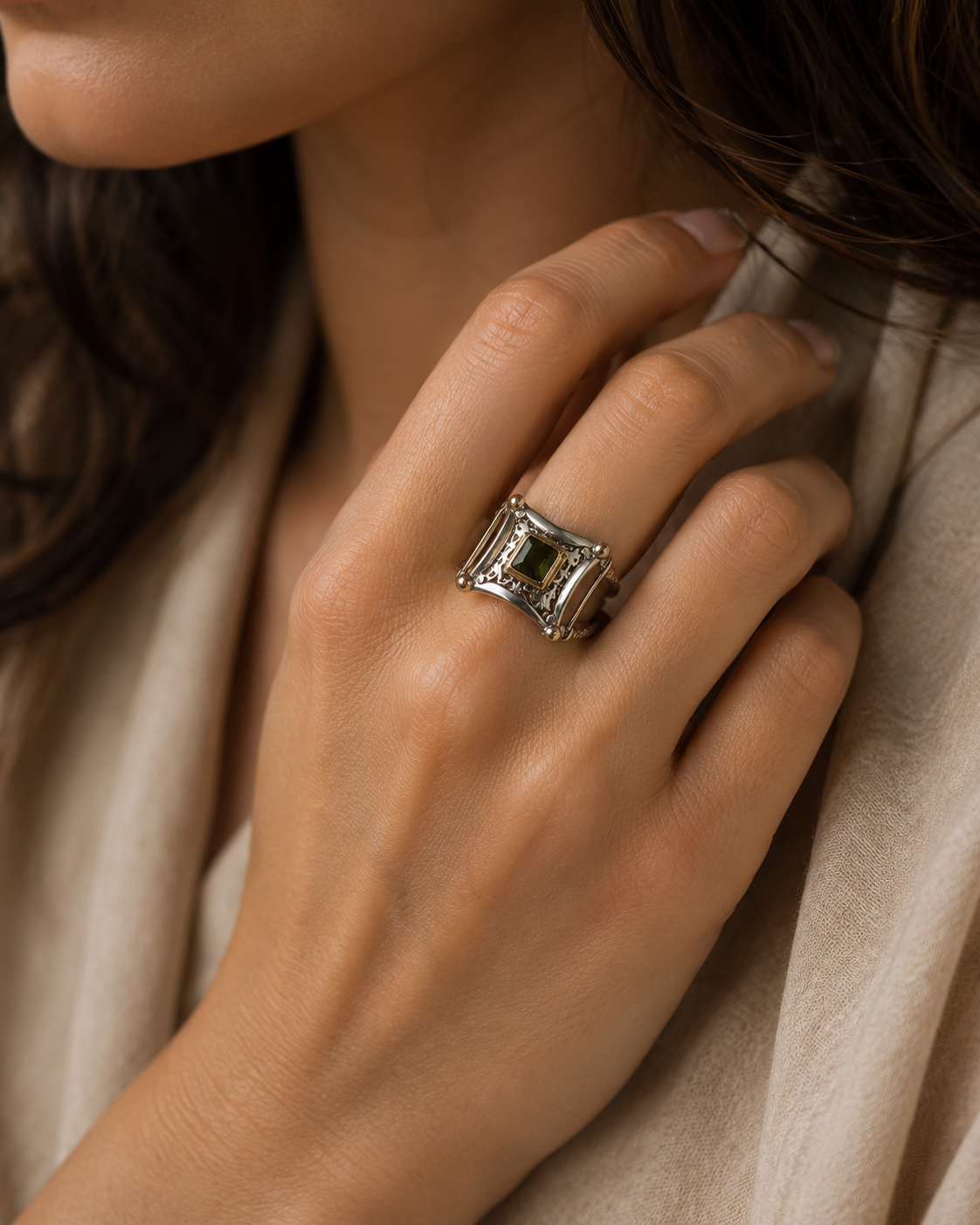 Ornate 925 Sterling Silver Ring with Zultanite Stone and Bronze Details — sterling-silver-zultanit-ring-woman-hand