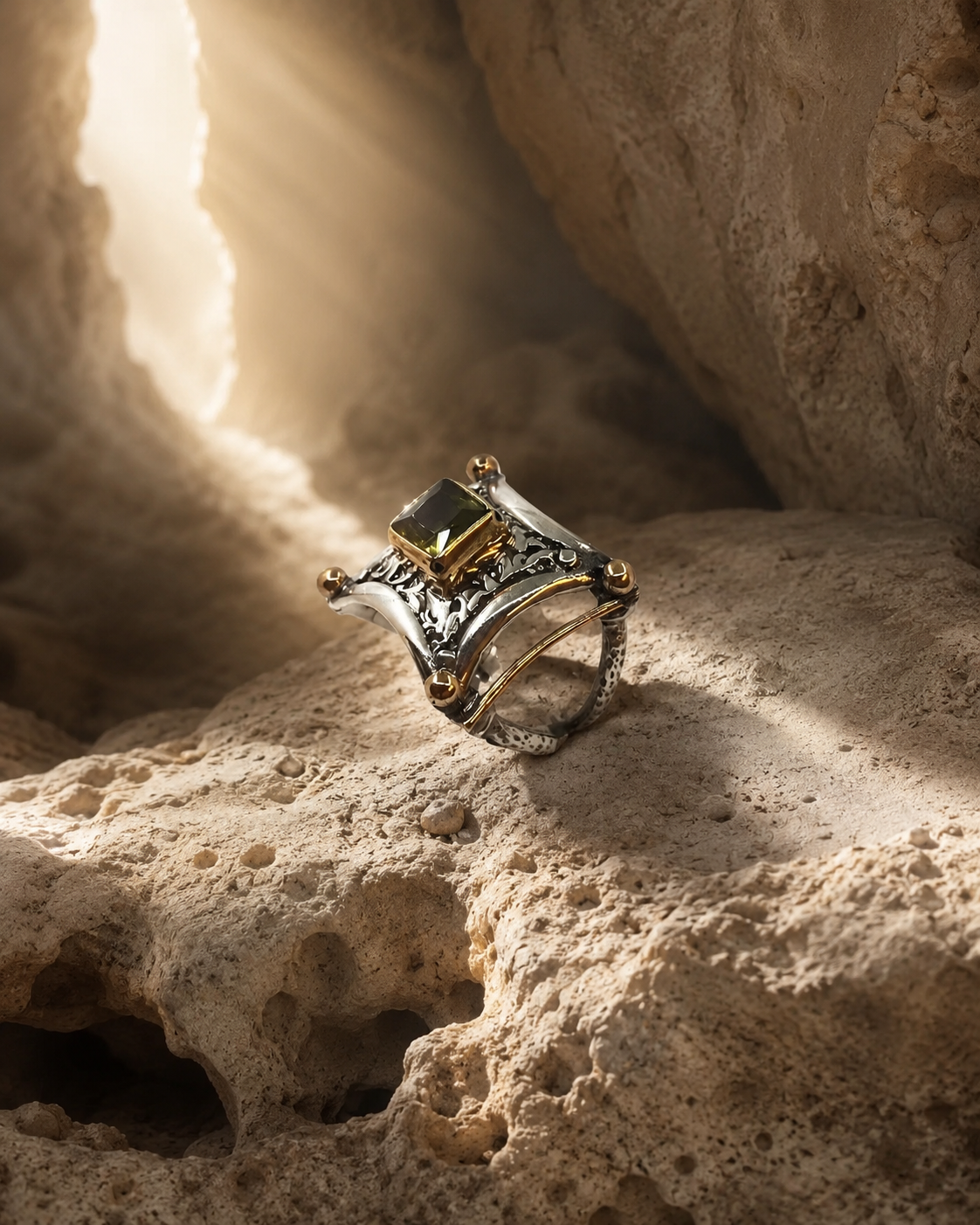 Ornate 925 Sterling Silver Ring with Zultanite Stone and Bronze Details — sterling-silver-zultanit-ring-cappadocia-2