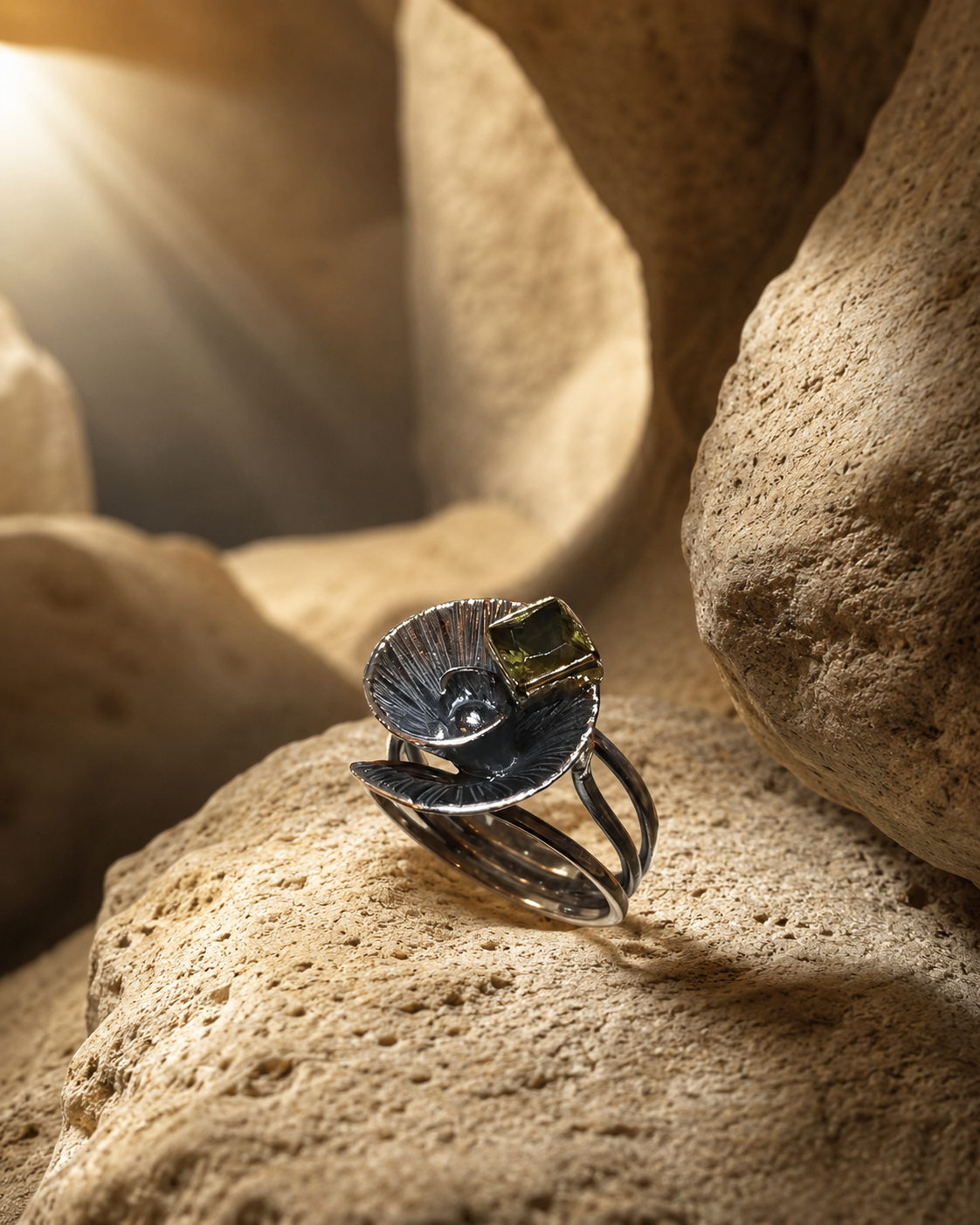 925 sterling silver flower form ring with zultanite stone on natural stone surface