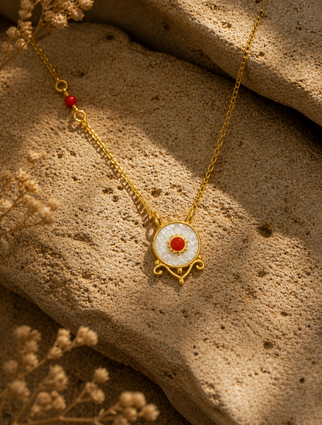 Mother-of-Pearl Effect Necklace with Red Stone Detail — ChatGPT Image 4 May 2026 22_25_26