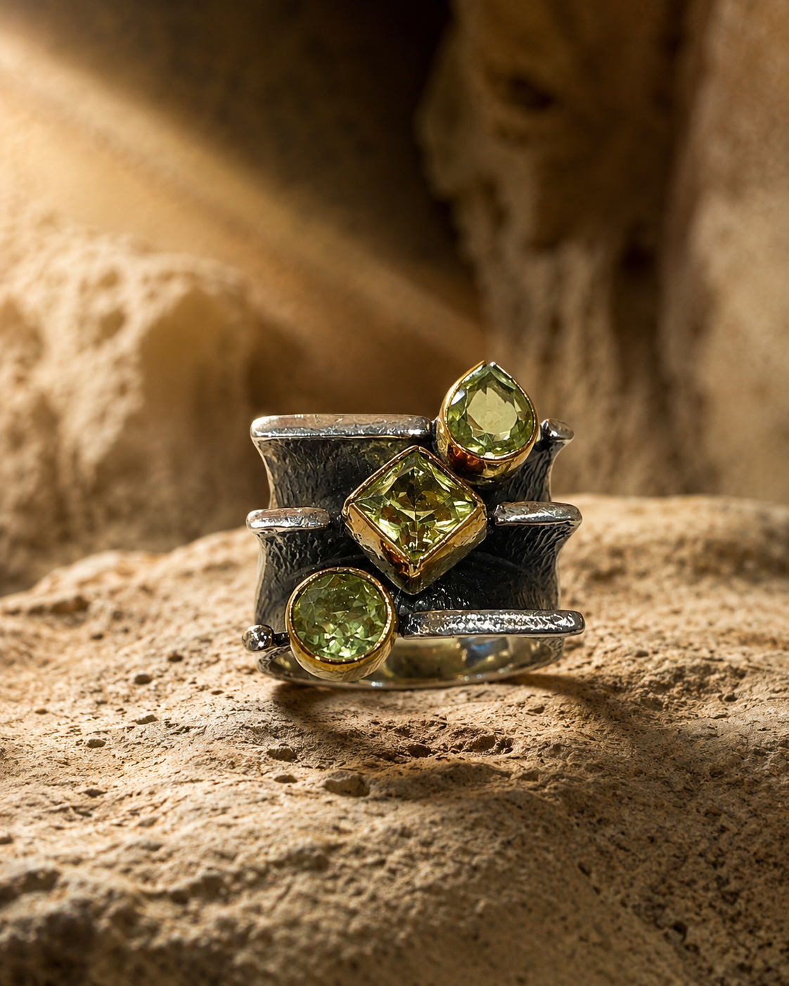 Layered plate 925 sterling silver ring with three zultanite stones, gold-toned bezels and horizontal silver bar details