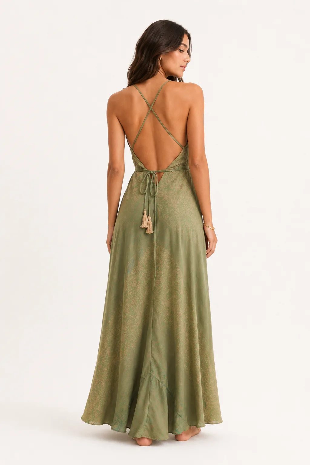Open-back sage green dress with crisscross straps