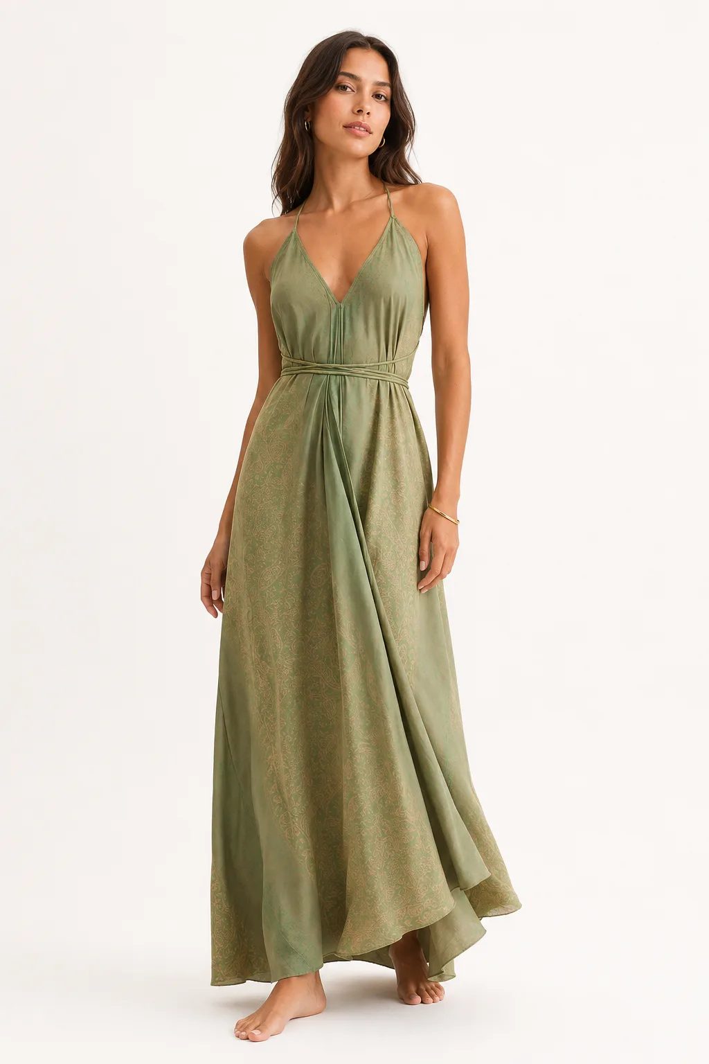 Sage Reverie maxi dress rear view with tassel waist tie
