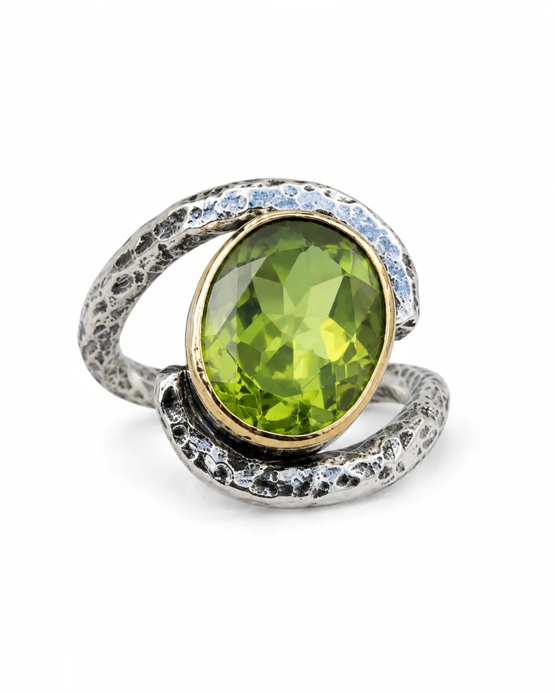 Oval zultanite sterling silver open wrap ring with a large faceted green gemstone, gold-toned bezel and hammered oxidized band