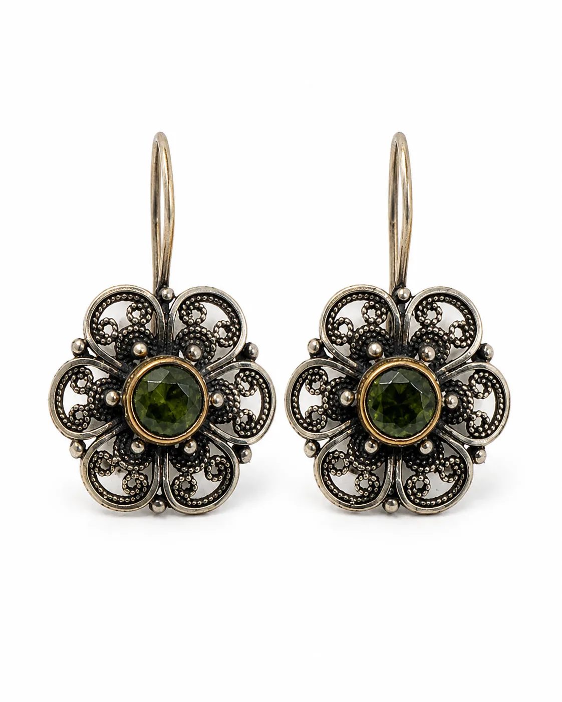 Zultanite sterling silver filigree floral drop earrings with round green gemstones, oxidized scrollwork and bronze-toned bezel accents