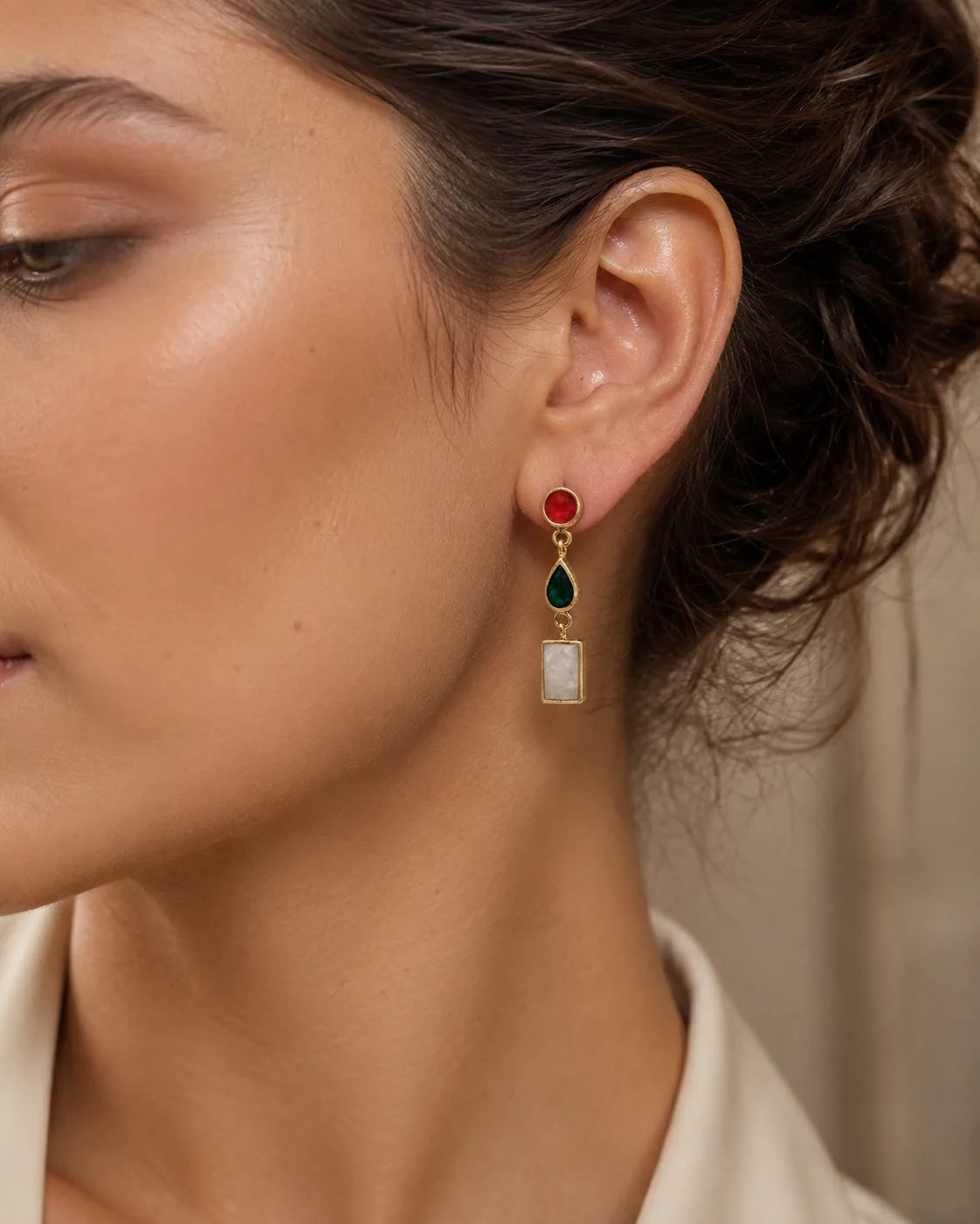 Red Agate, Green Onyx and Druzy Quartz Drop Earrings