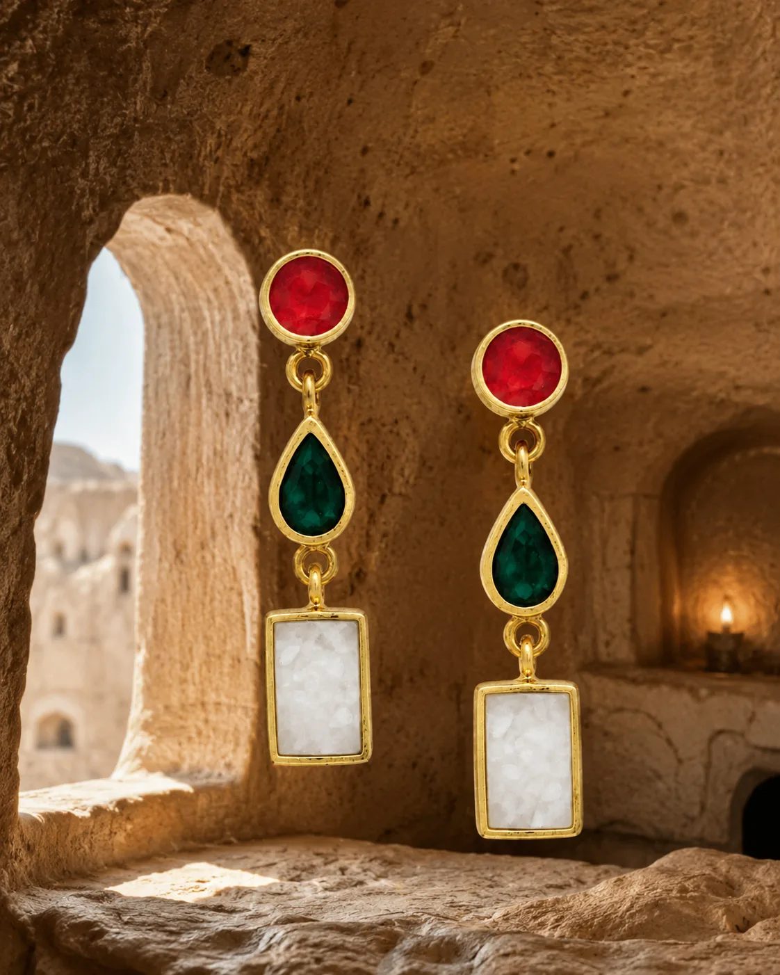 Red Agate, Green Onyx and Druzy Quartz Drop Earrings