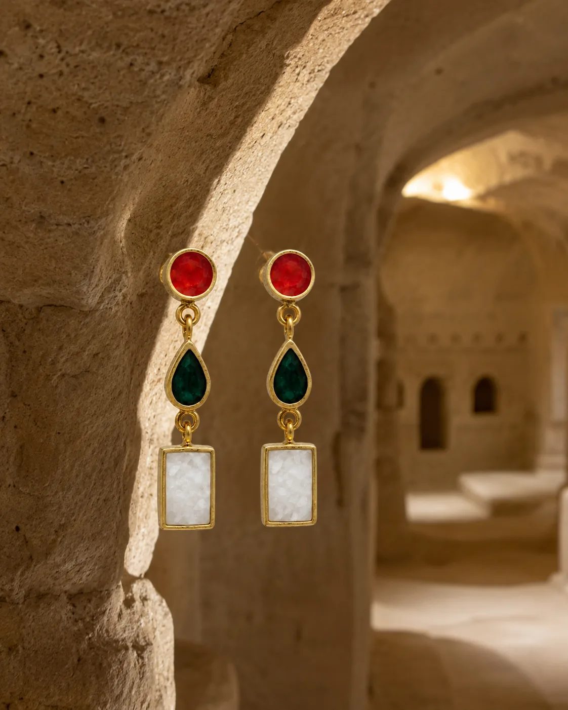 Red Agate, Green Onyx and Druzy Quartz Drop Earrings