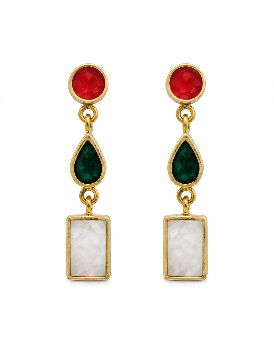Gold-plated sterling silver drop earrings with round red agate, pear-shaped green onyx and rectangular white druzy quartz