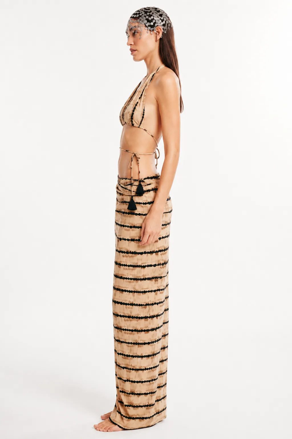 Sapheen halter crop top and long wrap-style skirt in tie-dye inspired stripe print