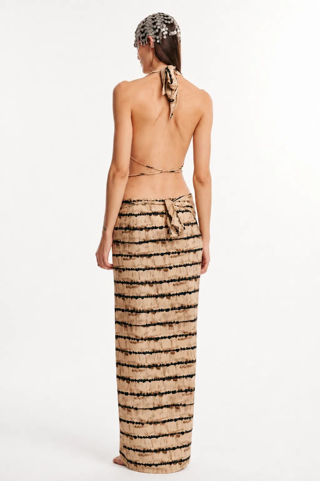 Open-back halter top and long skirt rear view