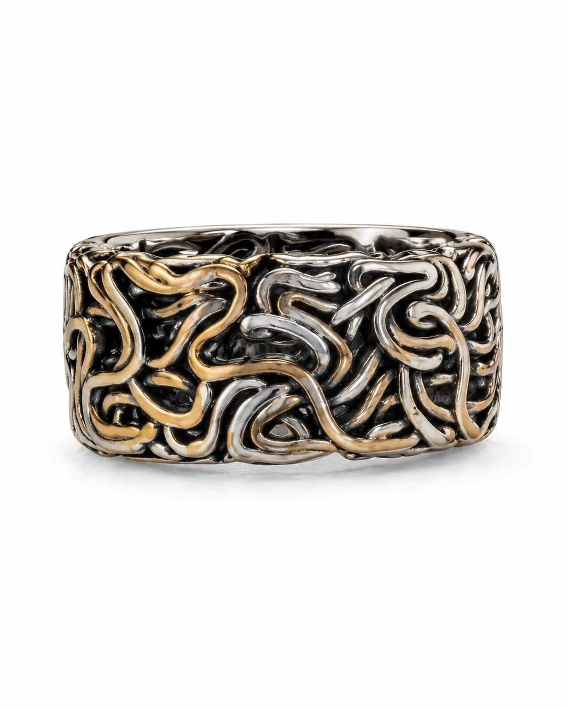 Wide engraved silver band ring with oxidized recesses and bronze-toned details on a white background