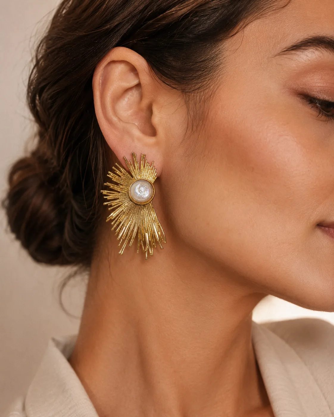 Pearl Gold Plated Brass Sunburst Statement Earrings