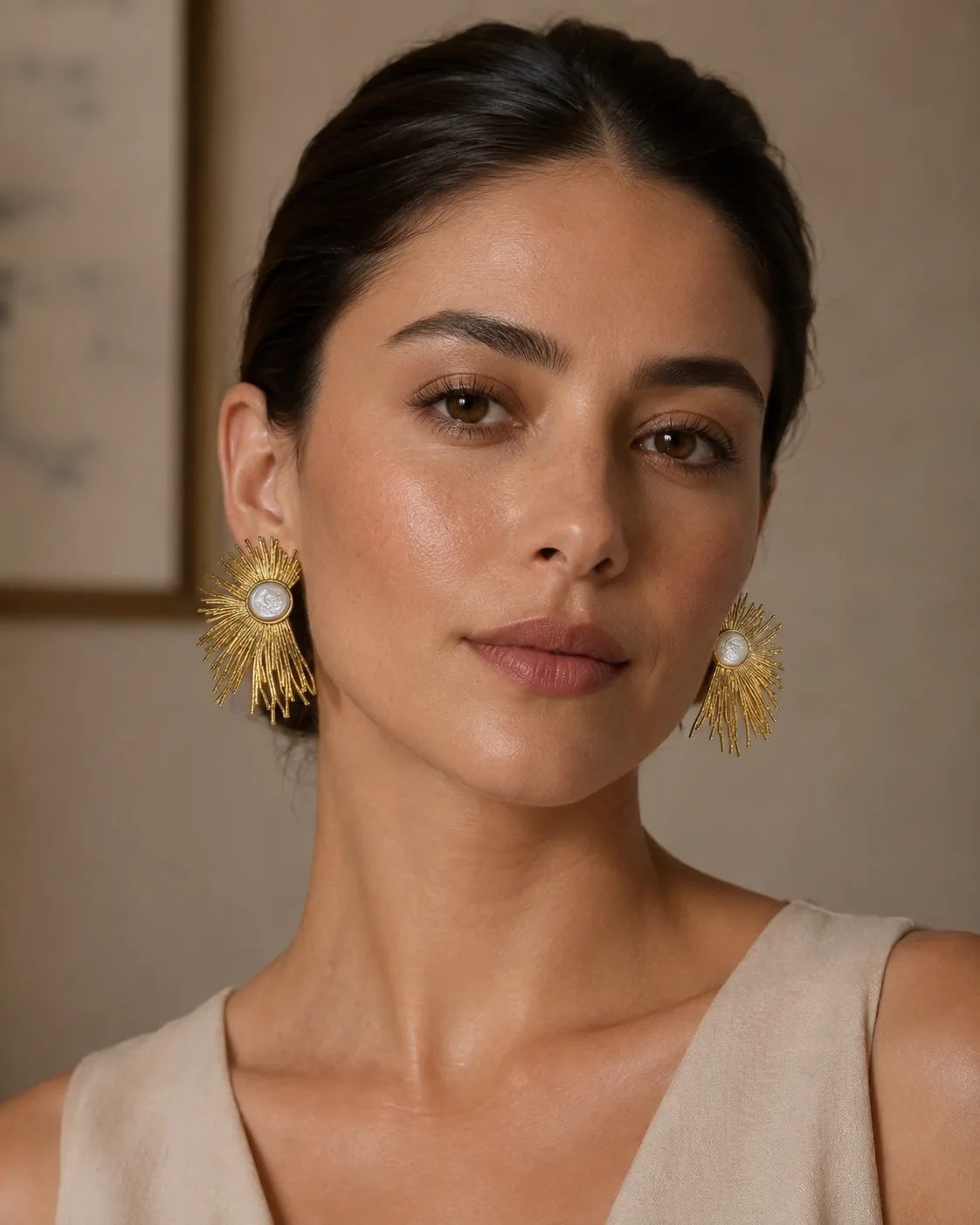 Pearl Gold Plated Brass Sunburst Statement Earrings