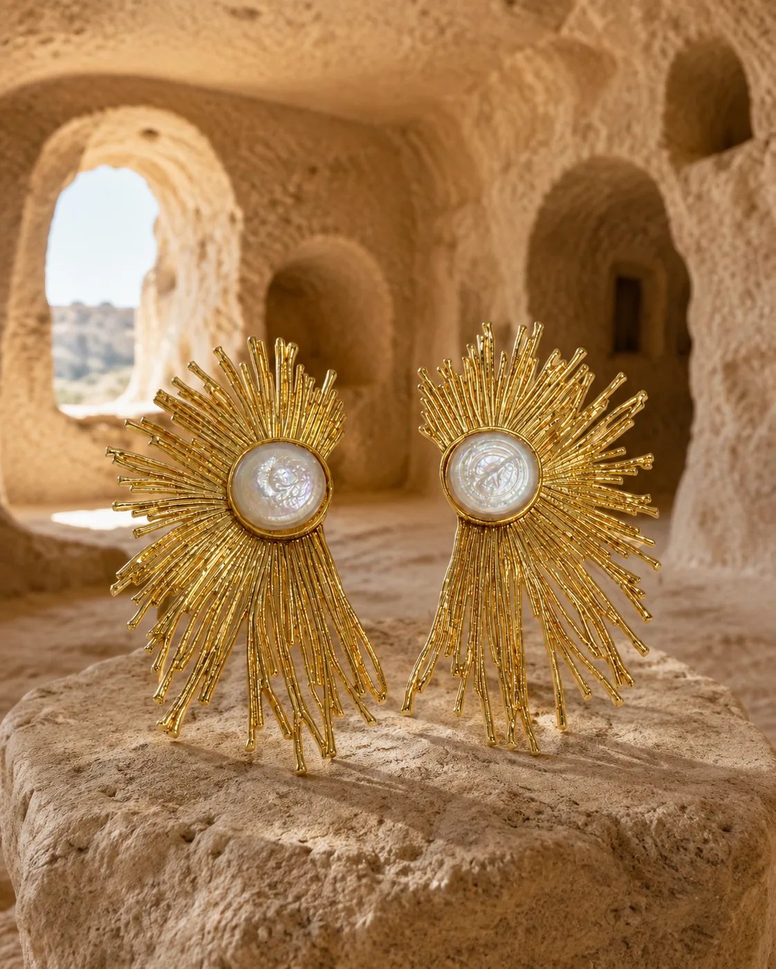 Pearl Gold Plated Brass Sunburst Statement Earrings