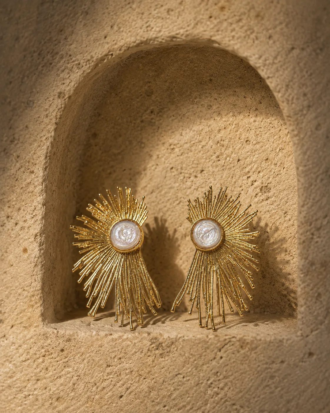 Pearl Gold Plated Brass Sunburst Statement Earrings