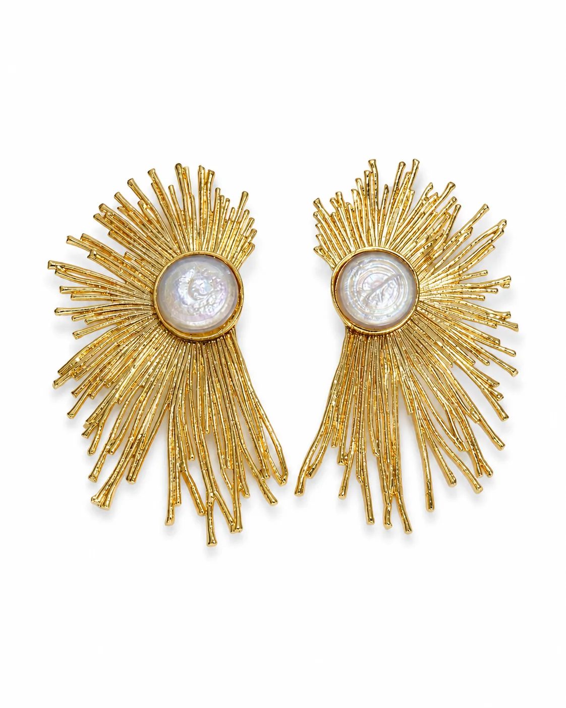 Pearl gold-plated brass sunburst statement earrings with luminous round white pearl centers and dramatic radiating gold details