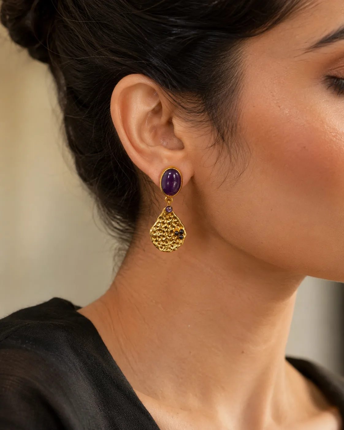 Amethyst Textured Gold Plated Sterling Silver Drop Earrings