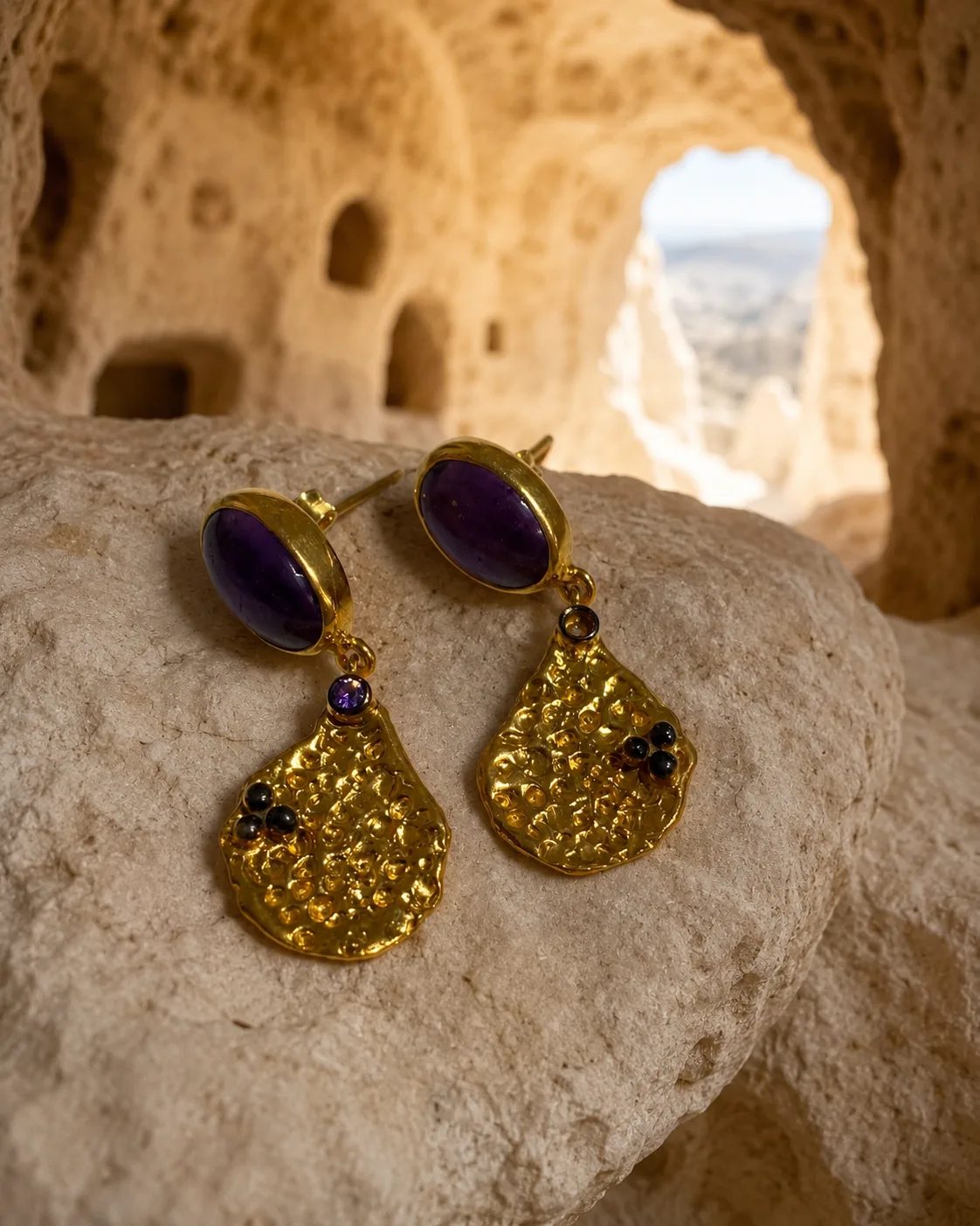 Amethyst Textured Gold Plated Sterling Silver Drop Earrings