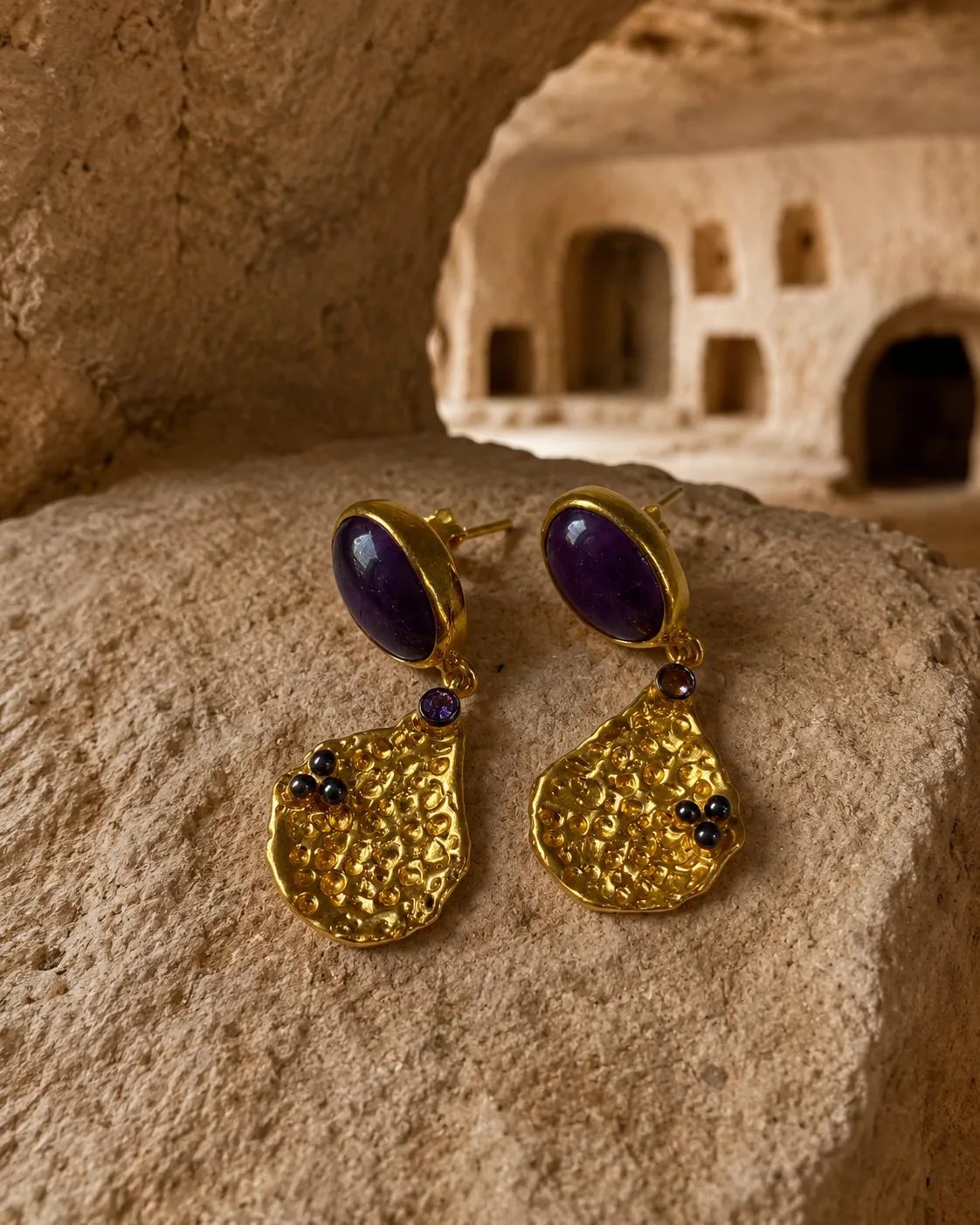 Amethyst Textured Gold Plated Sterling Silver Drop Earrings