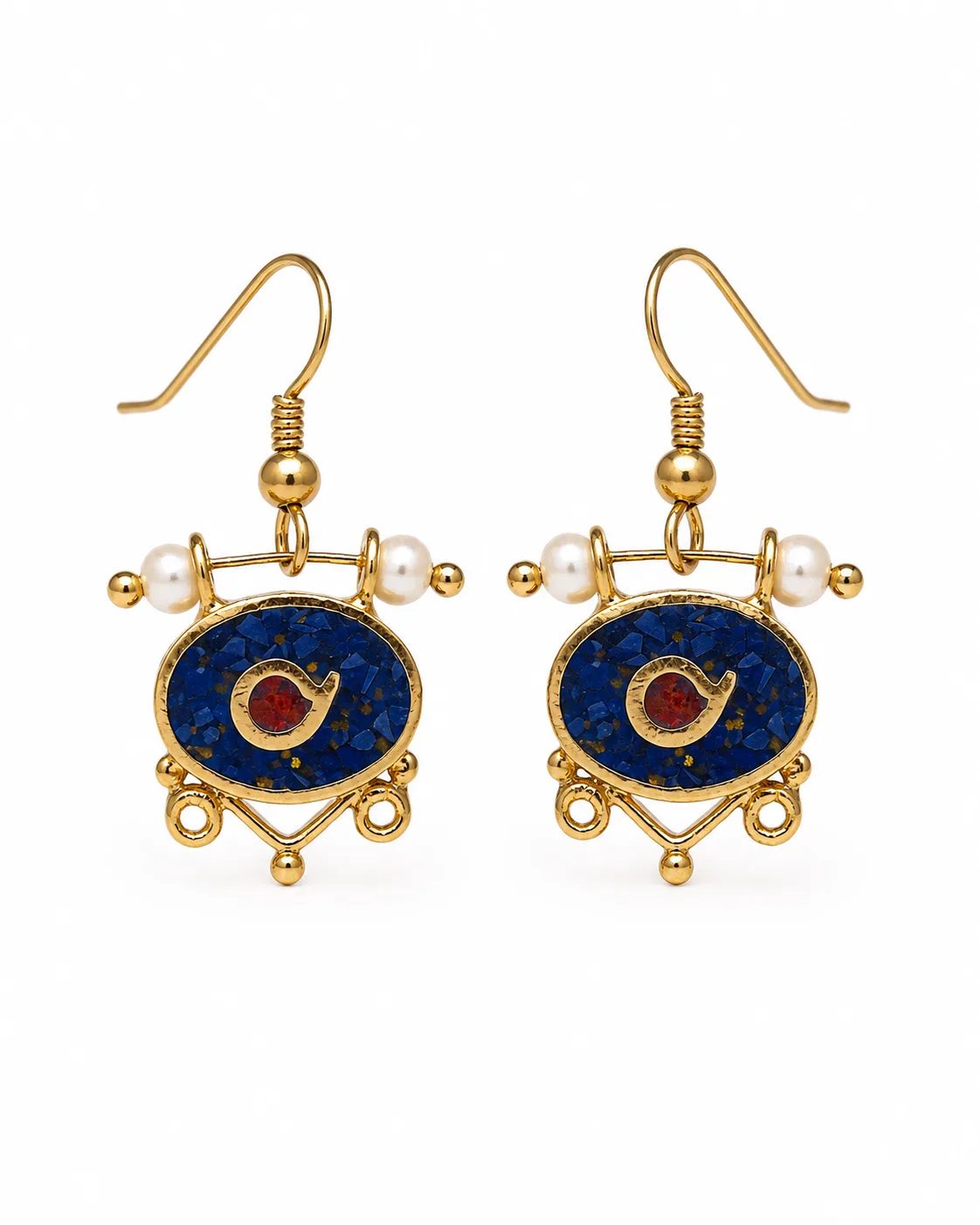 Gold-plated sterling silver drop earrings with mosaic lapis lazuli, red coral eye details and white pearl accents on a white background