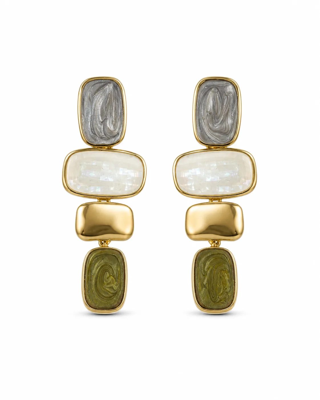 Mother of pearl gold-plated brass geometric drop earrings with gray, pearl white, gold and olive green stacked rectangular details