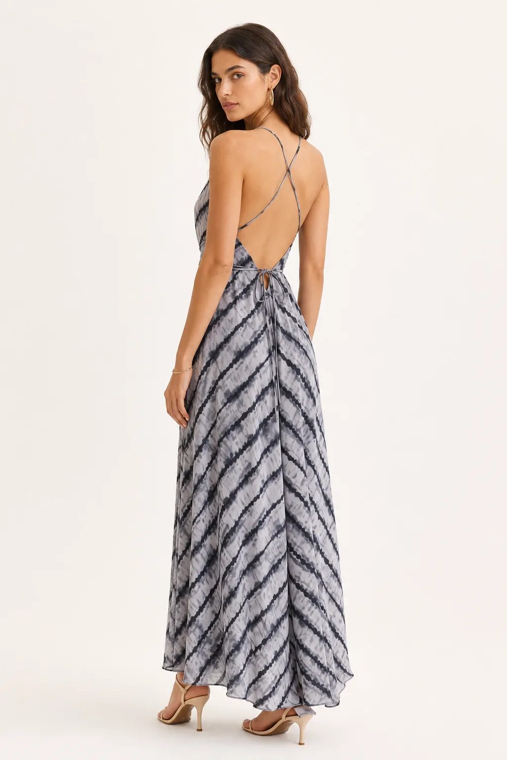 Grey tie-dye maxi dress with deep V neckline and waist ties