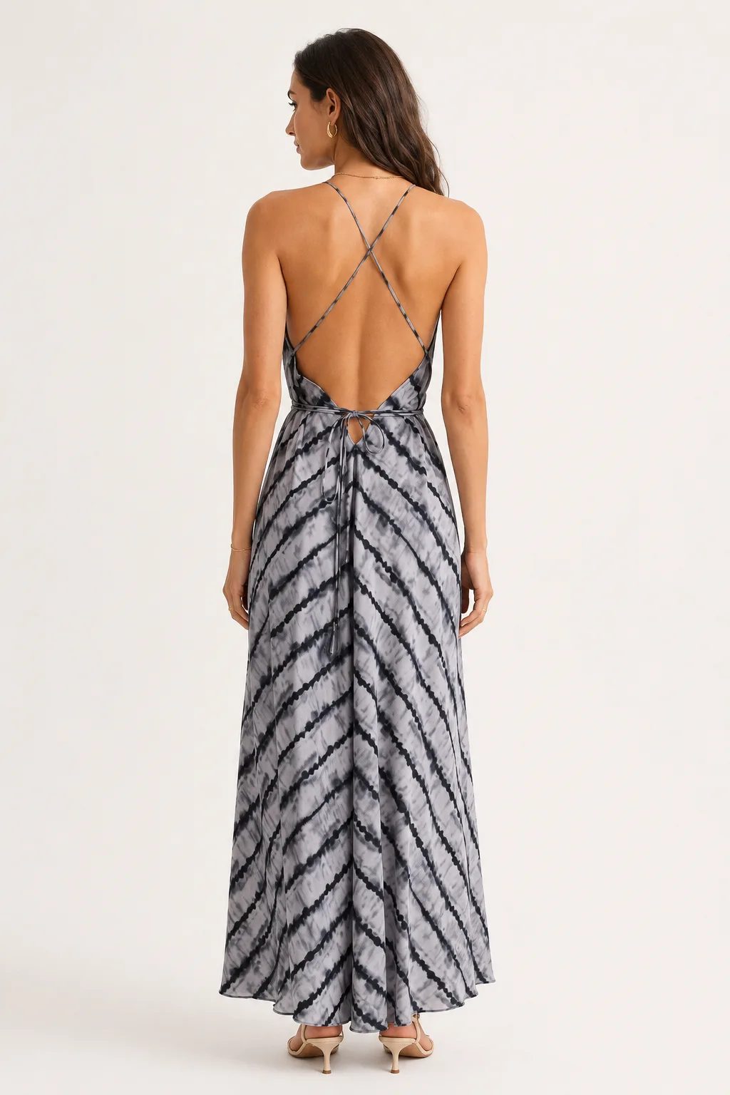 Grey striped maxi dress with crisscross back straps