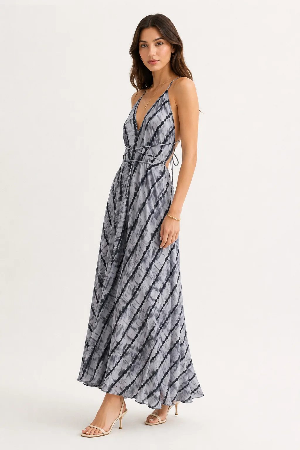 Silver Storm flowing open-back dress rear view