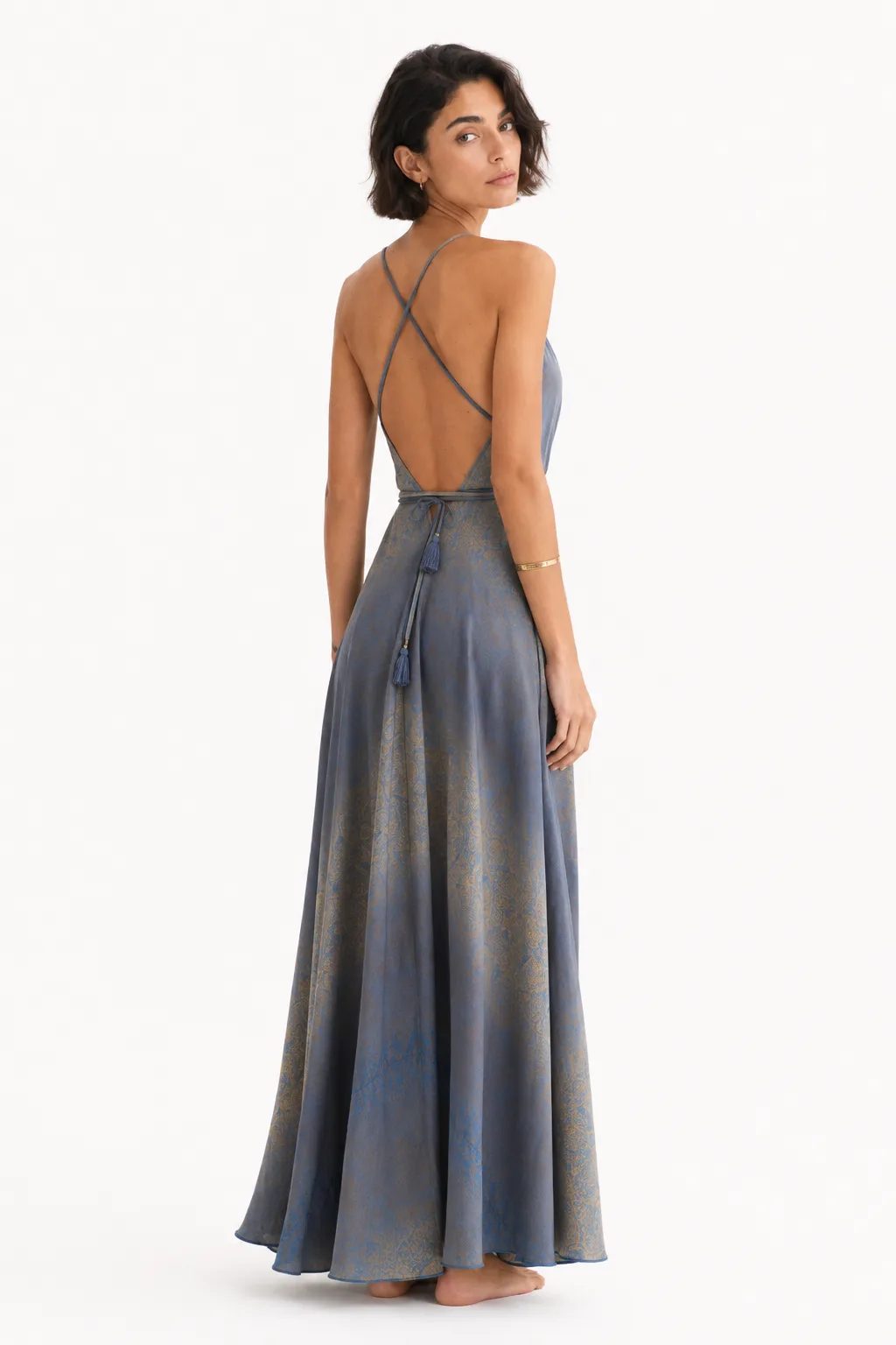 Celestial Blue maxi dress rear view with tassel waist tie