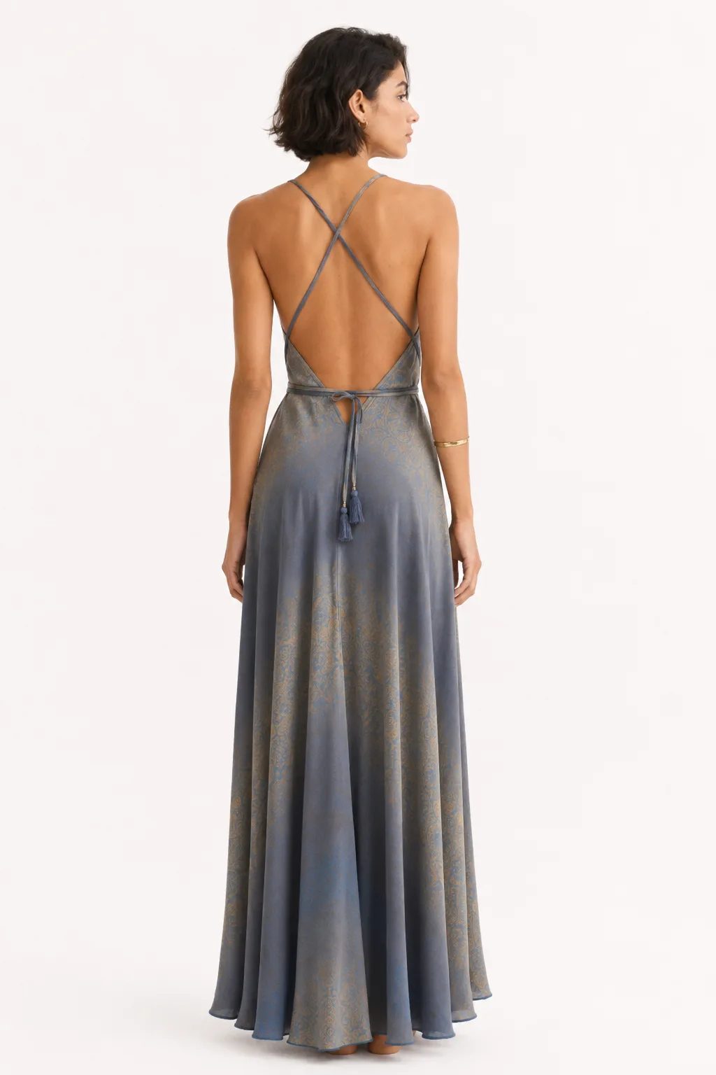 Open-back silk dress with crisscross straps