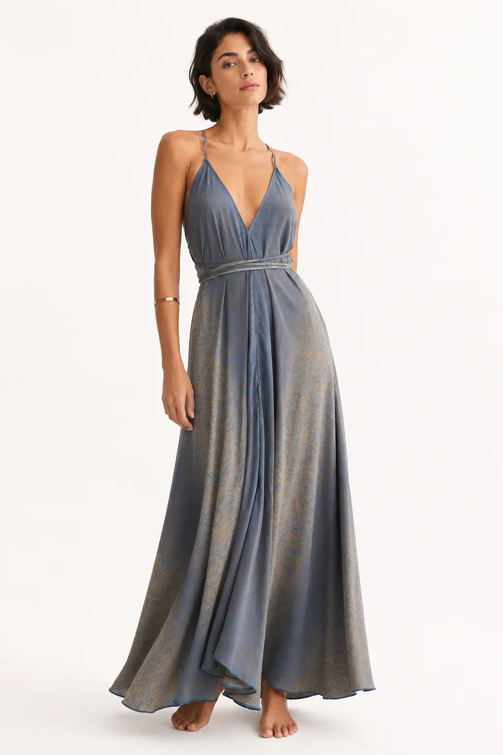 Blue-grey silk dress with deep V neckline and golden pattern