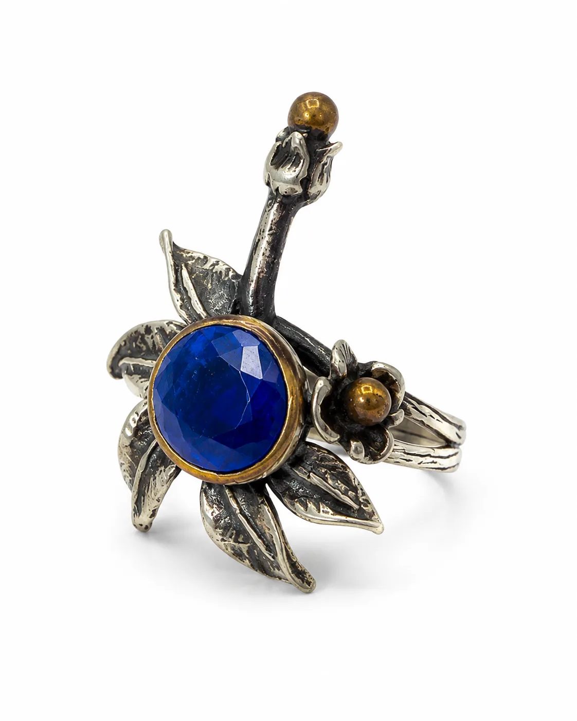 Botanical lapis lazuli sterling silver statement ring with an oval blue gemstone, sculptural leaves, oxidized details and bronze accents