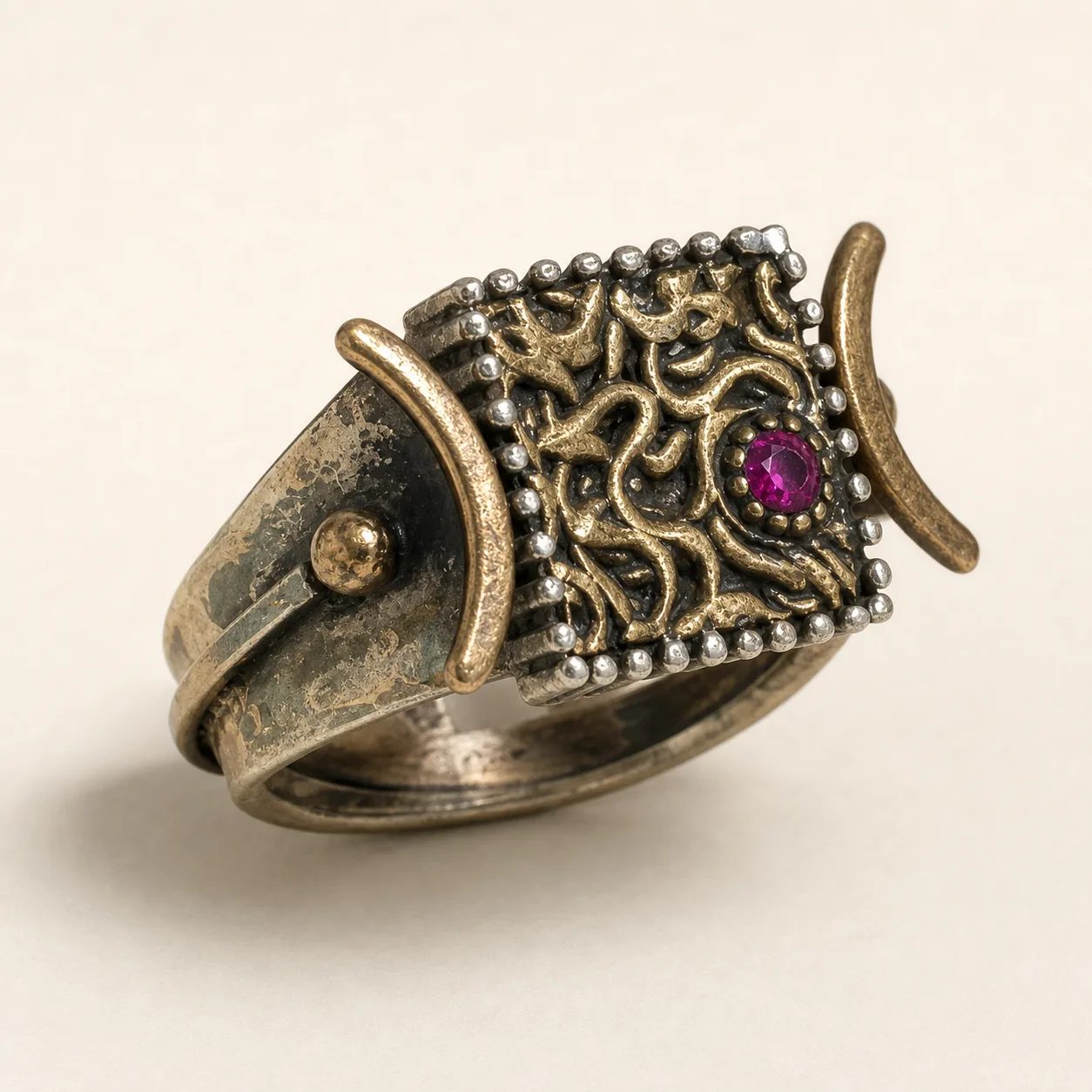 Arabesque Plaque Ring with Magenta Stone