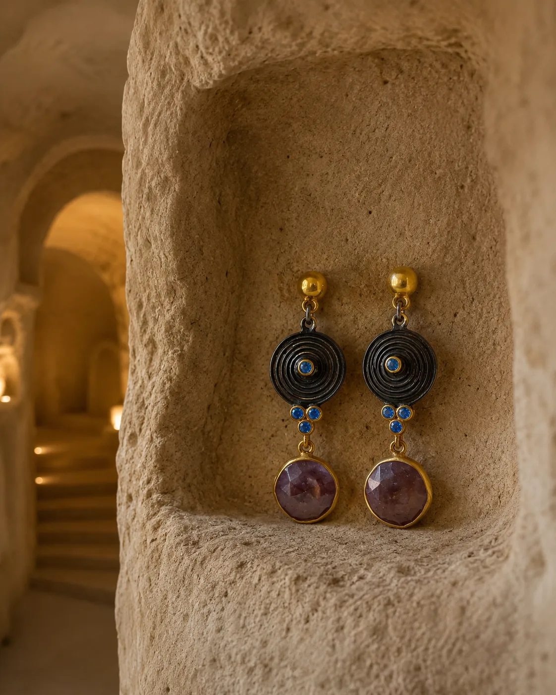 Amethyst and Blue Accent Statement Drop Earrings