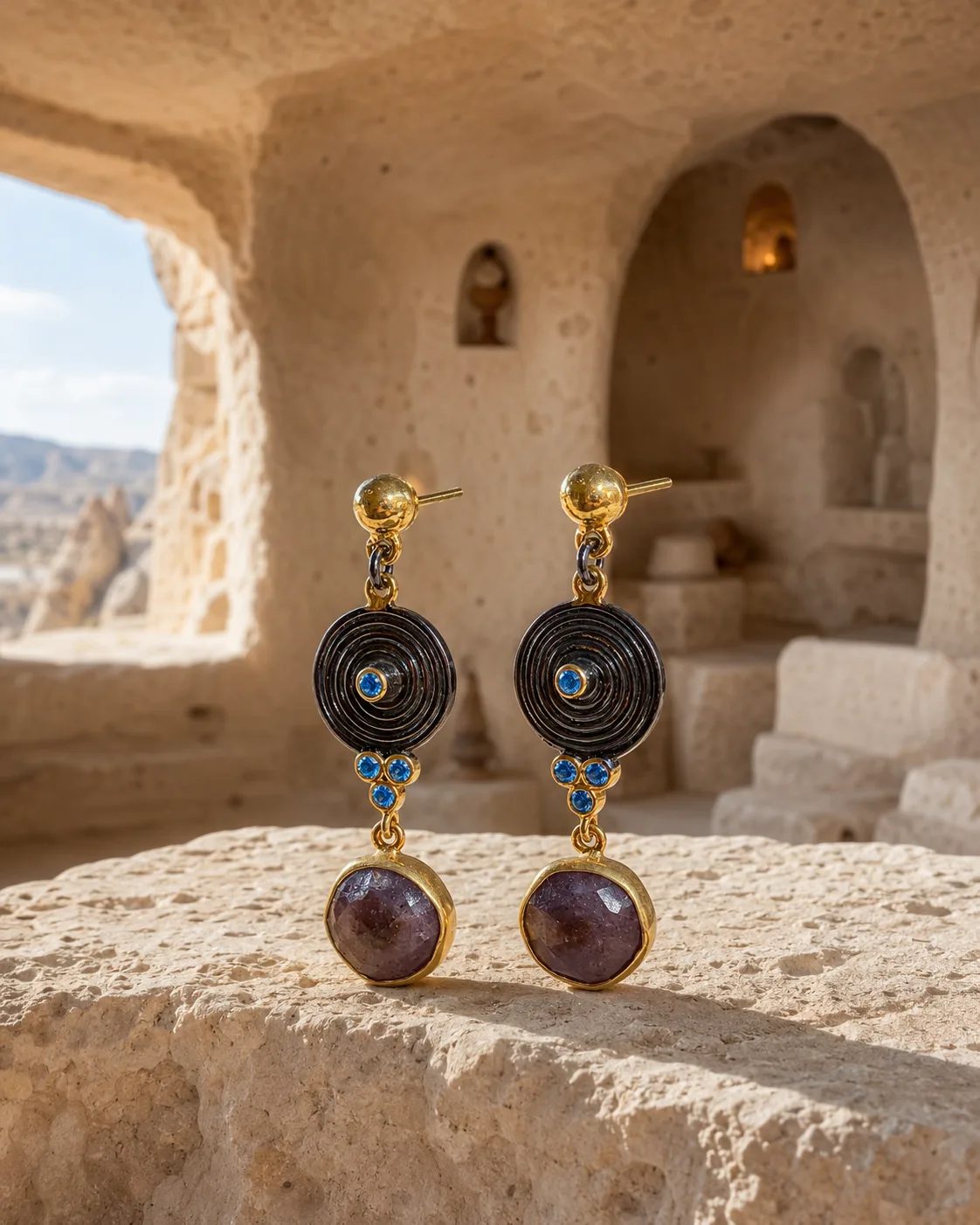 Amethyst and Blue Accent Statement Drop Earrings