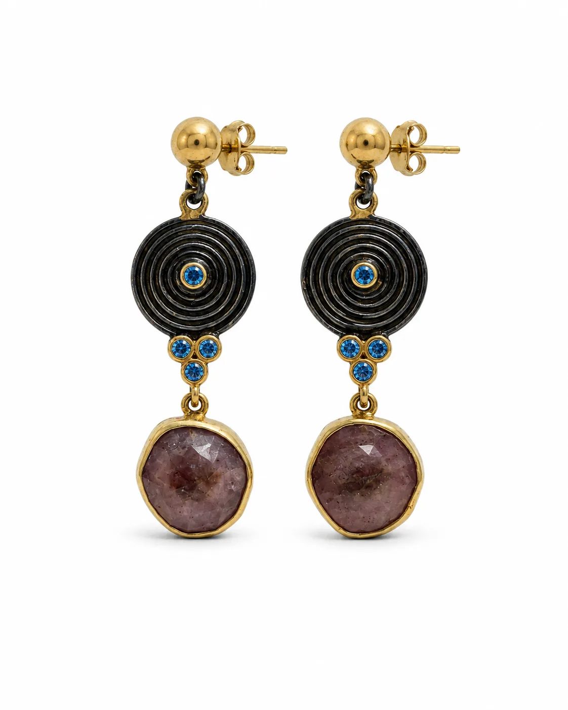 Statement drop earrings with amethyst stones, blue crystal accents and concentric circular black and gold-toned detailing