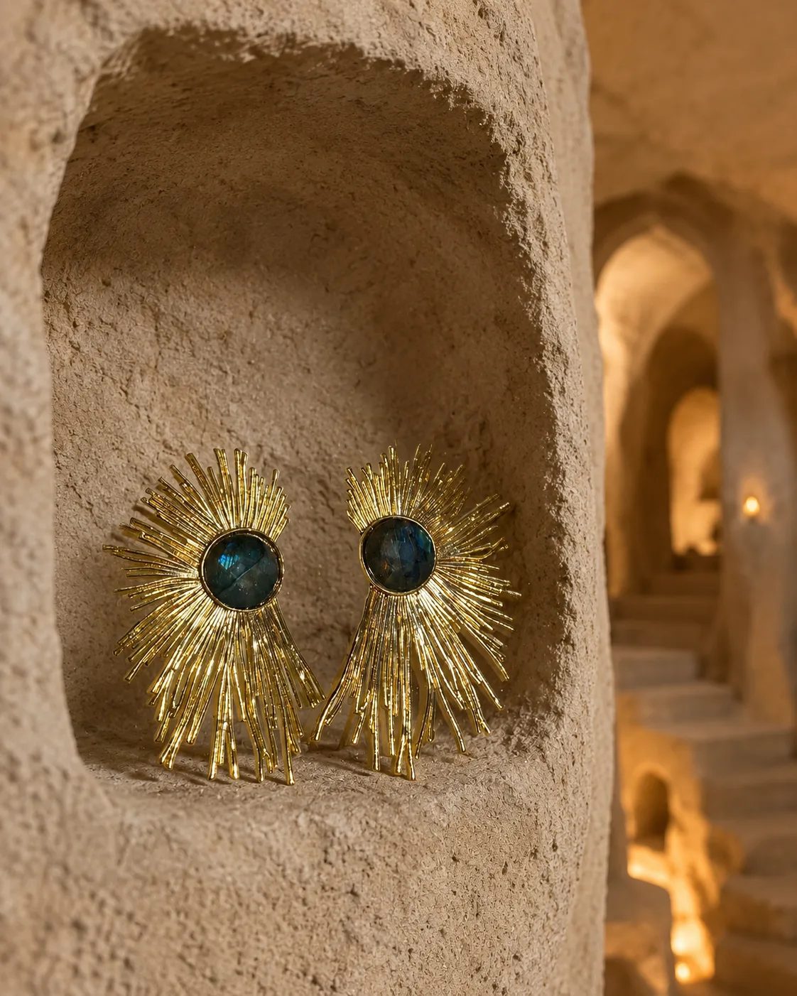 Labradorite Gold Plated Brass Sunburst Statement Earrings