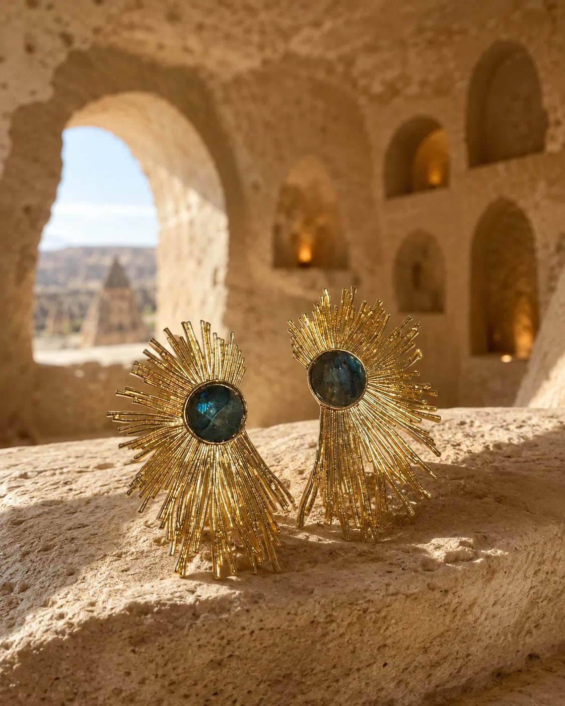 Labradorite Gold Plated Brass Sunburst Statement Earrings