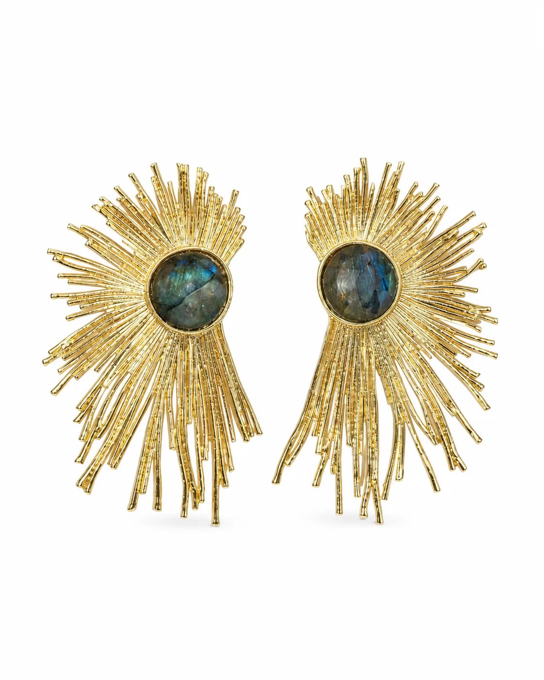 Labradorite gold plated brass sunburst statement earrings with round blue-gray iridescent center stones